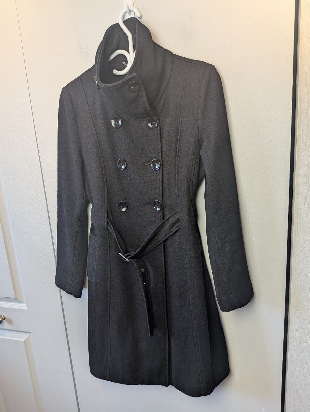 VTG Y2K Guess Women Winter Trench Coat Black Size M Mix Of Wool Waist Belt